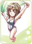  amagami armpits barefoot brown_hair one-piece_swimsuit perspective short_hair solo swimsuit tamago_(yotsumi_works) tanamachi_kaoru towel 