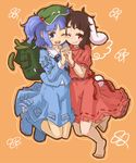  animal_ears backpack bag barefoot black_hair blue_eyes blue_hair bunny_ears cucumber hair_bobbles hair_ornament hat holding_hands inaba_tewi kawashiro_nitori kingin looking_at_viewer multiple_girls one_eye_closed red_eyes short_hair simple_background smile touhou twintails two_side_up 