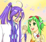  1girl ahoge akisue_(isago) beamed_eighth_notes beamed_sixteenth_notes blue_eyes detached_collar eighth_note goggles goggles_on_head green_eyes green_hair gumi headphones holding_hands kamui_gakupo long_hair musical_note ponytail purple_hair short_hair staff_(music) vocaloid 
