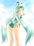  adjusting_clothes adjusting_swimsuit aqua_hair ass bikini blue_eyes food green_hair hatsune_miku long_hair looking_back masakichi_(crossroad) popsicle project_diva project_diva_(series) solo striped striped_bikini swimsuit swimwear_(module) twintails vocaloid 