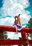  bow cloud day gourd hair_bow horns ibuki_suika orange_eyes orange_hair sitting sky smile solo straddling torii touhou yaten 