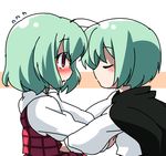  antennae blush cape closed_eyes green_hair imminent_hug imminent_kiss kazami_yuuka multiple_girls nose_blush oka_(bananashoe) plaid plaid_vest profile raised_eyebrows red_eyes shirt short_hair simple_background sketch sweatdrop thick_outlines touhou vest white_shirt wriggle_nightbug yuri 