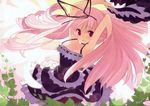  absurdres blush dress garden_(game) highres himemiya_ruri leaf long_hair pantyhose pink_hair red_eyes solo sumaki_shungo 