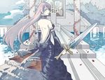  back bad_id bad_pixiv_id blue_dress blue_eyes detached_sleeves dress flower gown kyou_(mirufira) leaf long_hair megurine_luka pink_hair rose solo sword vocaloid weapon 