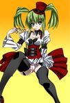 absurdres bad_id bad_pixiv_id c.c. code_geass dress eating food garters green_hair hat highres holding_pizza legs lolita_fashion maetaku panties pizza short_twintails solo thighhighs twintails underwear yellow_eyes 