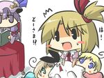  1boy 3girls ahoge animalization baby black_eyes blonde_hair blue_eyes blush_stickers book bow chewing comic commentary crescent crescent_hair_ornament goma_(gomasamune) green_eyes hair_bow hair_ornament hair_ribbon hat kantai_collection mikoto_freesia_scarlet mob_cap multiple_girls patchouli_knowledge purple_eyes purple_hair ribbon seal shimakaze_(kantai_collection) shimakaze_(seal) side_ponytail sketch sweat sweatdrop table touhou translated 