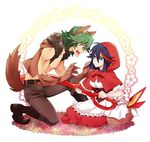  1girl animal_ears apron basket big_bad_wolf big_bad_wolf_(cosplay) big_bad_wolf_(grimm) black_hair blue_eyes bow claws corset cosplay dress green_hair hood kill_la_kill kuma_yuu little_red_riding_hood little_red_riding_hood_(grimm) little_red_riding_hood_(grimm)_(cosplay) matoi_ryuuko sanageyama_uzu scissor_blade senketsu shirtless tail vest weapon wolf_ears wolf_tail 