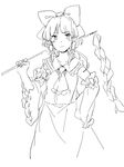  alternate_hair_length alternate_hairstyle ascot bow cowboy_shot detached_sleeves gohei greyscale hair_bow hair_tubes hakurei_reimu hand_on_hip highres meeko monochrome nontraditional_miko short_hair simple_background sketch solo touhou white_background wide_sleeves 
