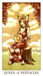  anthro breasts brown_hair card cleavage clothed clothing cloud collar crown dress feline female feralise grass hair legwear looking_at_viewer lynx mammal minor_arcana open_mouth outside pentacle queen_of_pentacles_(tarot) royalty sky solo stockings stump sun tarot_card vivi_(trix_the_cat) yellow_eyes 