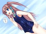  :d ? blue_eyes blush brown_hair cowboy_shot dutch_angle fingers hair_ornament hairpin highres long_hair one-piece_swimsuit open_mouth original school_swimsuit shiny shiny_clothes smile solo spe_(a-spex) speech_bubble spoken_question_mark standing swimsuit tongue tongue_out 