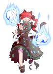  alphes_(style) animal_ears bad_id bad_pixiv_id braid cat_ears cat_tail crossed_bandaids dairi dress frilled_dress frilled_sleeves frills full_body highres kaenbyou_rin long_sleeves multiple_tails nekomata parody red_hair skull spirit style_parody tail tears torn_clothes touhou transparent_background twin_braids 