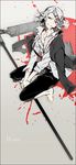  androgynous barefoot blood blood_splatter hair_ornament hairclip loose_clothes loose_shirt male_focus miz0725 necktie red_eyes scythe shirt sitting smile solo stitches suzuya_juuzou tokyo_ghoul wariza weapon white_hair 
