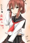  black_skirt brown_eyes brown_hair dated folded_ponytail hair_ornament hairclip hand_on_own_head hino_(2nd_life) inazuma_(kantai_collection) kantai_collection long_sleeves looking_at_viewer neckerchief pleated_skirt sailor_collar school_uniform serafuku skirt solo translation_request 