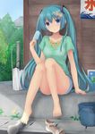  aqua_hair aqua_nails arm_support bare_legs barefoot blue_eyes blush cutoff_jeans cutoffs food hair_ornament hatsune_miku highres long_hair looking_at_viewer nail_polish popsicle sandals shade shirt shoes_removed short_shorts shorts sitting solo t-shirt tf_(tfx2) toenail_polish very_long_hair vocaloid 