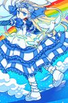  animal bird blonde_hair blue_eyes blue_ribbon blue_sky boots cloud dove dress earrings flower frilled_dress frills hair_flower hair_ornament hairband highres jewelry long_hair long_sleeves nagare750 noah_(p&amp;d) puffy_long_sleeves puffy_sleeves puzzle_&amp;_dragons rainbow ribbon rose sky solo star_(sky) starry_sky white_flower white_footwear white_rose 