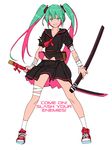  bad_id bad_pixiv_id bandaged_arm bandages banned_artist black_serafuku full_body green_eyes green_hair hair_ornament hatsune_miku highres holding jandy katana long_hair looking_at_viewer multicolored_hair parted_lips pleated_skirt school_uniform serafuku shoes simple_background skirt smile solo standing sword twintails two-tone_hair vocaloid weapon white_background white_legwear 