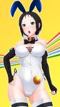  animal_ears black_hair blush bow bowtie breasts bunny_ears choker cleavage cowboy_shot crest detached_collar elbow_gloves fingerless_gloves gloves green_eyes hand_on_hip highres kemurin large_breasts leotard lipstick lock looking_at_viewer makeup marie_(persona_4) open_mouth persona persona_4 persona_4_the_golden short_hair solo striped striped_legwear thighhighs 