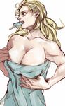  aki_shigeru blonde_hair breasts cleavage collarbone dorohedoro food highres large_breasts looking_away mouth_hold muscle noi_(dorohedoro) platinum_blonde_hair popsicle solo towel 