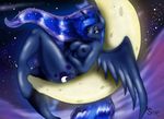  2014 anthro anthrofied blue_eyes blue_fur blue_hair breasts crescent_moon cutie_mark equine eyelashes female friendship_is_magic fur hair half-closed_eyes horn long_hair lying mammal moon my_little_pony nipples nude on_back outside princess_luna_(mlp) resting solo suirano winged_unicorn wings 