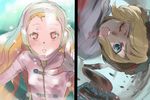  blonde_hair blue_eyes bodysuit comic long_hair looking_at_viewer makacoon multiple_girls original outstretched_hand red_eyes short_hair wince 