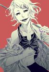  androgynous bad_id bad_pixiv_id hair_ornament hairclip highres knife loose_clothes loose_shirt male_focus nail_polish red_background scythe shirt shirt_lift smile solo stitches suzuya_juuzou tokyo_ghoul weapon white_hair 