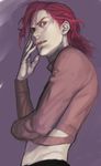  freckles jojo_no_kimyou_na_bouken long_hair male_focus midriff miruru_souya pink_hair purple_hair solo sweater vinegar_doppio 