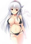  backlighting bikini black_bikini blush breasts cleavage doll_joints feathers hairband koneko_(nonnkimono) large_breasts long_hair navel open_mouth parted_lips red_eyes rozen_maiden shiny shiny_skin silver_hair simple_background smile solo suigintou swimsuit thigh_gap white_background 
