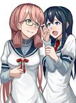  &gt;:) akashi_(kantai_collection) arm_holding bespectacled black_hair blue_eyes blush borrowed_garments eyewear_switch glasses green_eyes hairband kantai_collection long_hair long_sleeves meganejizou multiple_girls necktie ooyodo_(kantai_collection) open_mouth pink_hair sailor_collar school_uniform serafuku smile upper_body v-shaped_eyebrows white_background 