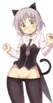  :o animal_ears black_legwear blush cat_ears cat_tail glastonbury1966 green_eyes long_sleeves looking_down military military_uniform necktie no_panties open_mouth pantyhose pantyhose_pull sanya_v_litvyak short_hair silver_hair simple_background solo strike_witches tail uniform white_background world_witches_series 
