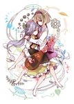  bad_id bad_pixiv_id biwa_lute brown_eyes brown_hair dress flower hair_flower hair_ornament hairband hazuki_shino highres hug instrument long_hair looking_at_viewer lute_(instrument) multiple_girls musical_note purple_hair short_hair siblings sisters skirt smile touhou tsukumo_benben tsukumo_yatsuhashi twintails white_background 