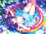  :d absurdres bikini black_lemon-chan blue_hair bracelet eyewear_on_head highres huge_filesize jewelry kuroya_shinobu lying melonbooks on_back open_mouth partially_submerged pool red_eyes sandals scan shoes_removed short_hair smile solo sunglasses swimsuit thighs upside-down wading_pool water water_drop wrist_cuffs 