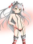  amatsukaze_(kantai_collection) black_panties blush deego_(omochi_bazooka) flying_sweatdrops garter_straps hand_on_hip highres kantai_collection long_hair looking_at_viewer navel panties silver_hair solo striped striped_legwear suspenders thighhighs topless two_side_up underwear wavy_mouth yellow_eyes 