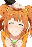 ^_^ blush closed_eyes face hair_bobbles hair_ornament hand_on_another's_head hitotsuki_nanoka hood hoodie idolmaster idolmaster_(classic) orange_hair out_of_frame petting smile solo_focus takatsuki_yayoi twintails white_background 