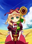  bad_id bad_pixiv_id blonde_hair douji flower frilled_skirt frills green_eyes hair_ribbon medicine_melancholy plant pot potted_plant puffy_short_sleeves puffy_sleeves ribbon short_hair short_sleeves skirt sunflower touhou 