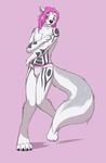  anthro blush bulge canine clothed clothing coy digitigrade embarrassed fur hair heterochromia hi_res male mammal panties pink_hair plain_background skimpy solo topless underwear wagnermutt 