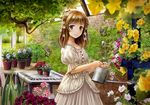  blue_eyes blush brown_hair bug bush butterfly chocolat dress flower flower_pot hair_flower hair_ornament highres insect original short_hair smile solo table tree watering_can 