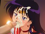  1boy 1girl bishoujo_senshi_sailor_moon blue_eyes blush censored choker cum cum_in_mouth cum_on_hair earrings facial highres hino_rei jewelry long_hair open_mouth penis purple_hair sailor_mars smile tiara tonbi_no_kuni tongue 