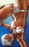  abs armband armpits ass_visible_through_thighs blue_eyes bracelet breasts choker covered_nipples dark_skin elena_(street_fighter) grey_hair handstand highres jewelry large_breasts looking_at_viewer navel short_hair smile solo spread_legs street_fighter street_fighter_iii_(series) take_(draghignazzo) toned underboob 