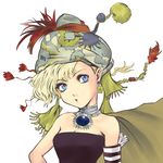 armlet bare_shoulders blonde_hair blue_eyes breasts choker cleavage earrings final_fantasy final_fantasy_vi hair_ornament hat jewelry necklace relm_arrowny slit_pupils solo upper_body 