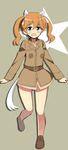  animal_ears belt blue_eyes blush bottomless francie_gerard full_body glastonbury1966 horse_ears horse_girl horse_tail leg_up long_sleeves military military_uniform open_mouth orange_hair shoes smile solo standing standing_on_one_leg star tail twintails uniform world_witches_series 