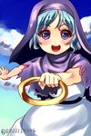  bad_id bad_pixiv_id blue_hair capelet cloud douji hood hoop kumoi_ichirin open_mouth purple_eyes short_hair solo touhou 