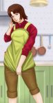 apron blue_eyes brown_hair glasses highres housewife kamisuki kitchen kiyomi-san kyukyutto short_hair solo sweater 