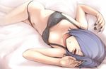  black_bra black_panties bra breasts cleavage fingernails hair_over_one_eye kirishima_touka looking_at_viewer lying nami_nami_nami on_side panties purple_hair red_eyes short_hair small_breasts solo tokyo_ghoul underwear underwear_only upside-down 