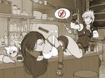  1girl absurdres alcohol bar character_doll closed_eyes cloud_strife commentary drunk earrings embarrassed final_fantasy final_fantasy_vii fingerless_gloves gloves highres jewelry monochrome no_panties ronindude sepia sleeping speech_bubble spot_color suspenders tank_top tifa_lockhart 