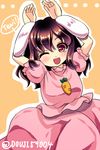  ;o animal_ears bad_id bad_pixiv_id black_hair blush bunny_ears bunny_pose douji inaba_tewi jewelry one_eye_closed open_mouth pendant red_eyes sash solo touhou 