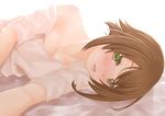  absurdres bad_id bad_pixiv_id blush brown_hair face green_eyes highres kantai_collection looking_at_viewer lying mutsu_(kantai_collection) off_shoulder on_side parted_lips prophecy_(rakuichimonji) short_hair solo upper_body 