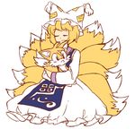  akiyoku animal_ears bad_id bad_twitter_id blonde_hair blush closed_eyes commentary crossover dress fox fox_ears fox_girl fox_tail holding long_sleeves multiple_tails short_hair sonic_the_hedgehog tail tails_(sonic) touhou trait_connection yakumo_ran 