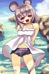  animal_ears arms_behind_back bad_id bad_pixiv_id bare_shoulders blush casual collarbone douji grey_hair mouse_ears mouse_tail navel nazrin open_mouth red_eyes shore shorts solo tail touhou 