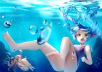  &gt;_&lt; air_bubble alexmaster anklet barefoot bikini blue_hair blurry bow bracelet breath brown_hair bubble closed_eyes d: depth_of_field feet floating_hair hair_bow highres holding_breath jewelry leg_hug legs light_rays long_hair looking_at_viewer multiple_girls necklace one-piece_swimsuit open_mouth original red_bikini reflection school_swimsuit side-tie_bikini soles sunbeam sunlight swimming swimsuit toes twintails two_side_up underwater yellow_eyes 