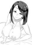  armpits blush breasts earrings greyscale huge_breasts jewelry konmori_(kinbou_sokai) long_hair looking_at_viewer lying mole mole_on_breast mole_under_mouth monochrome necklace nipples on_side original smile solo 